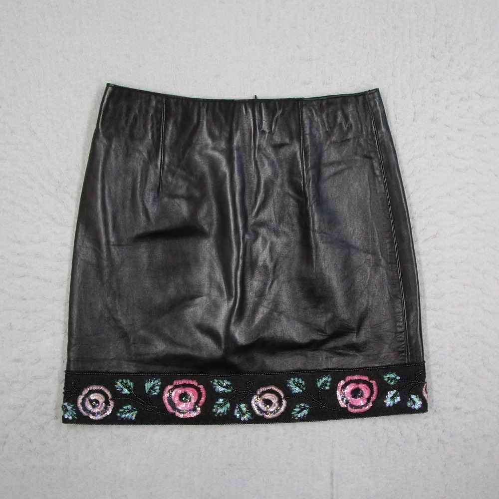 Jerry Shabo Womens Black Leather Mini Skirt Floral Sequin Beaded Trim Size S